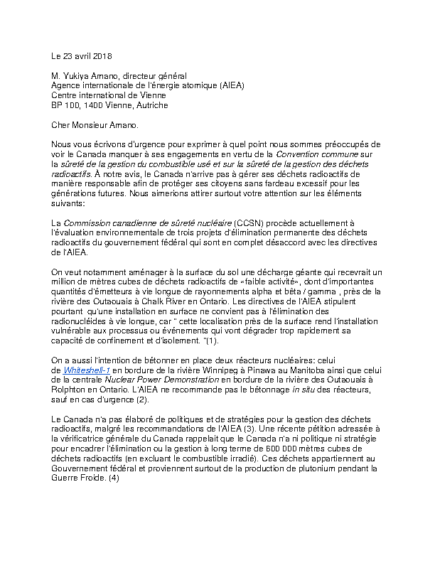 Lettre à l’Agence internationale de l’énergie atomique (AIEA)