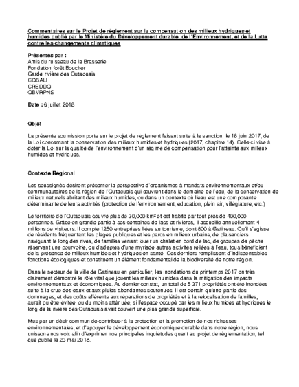 Commentaires sur le Projet de règlement sur la compensation des milieux hydriques et humides