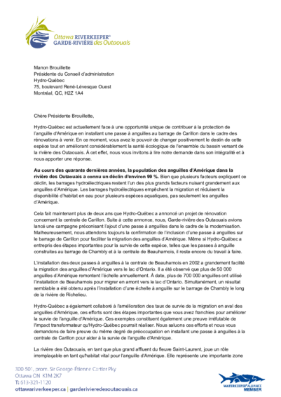 Lettre ouverte à Hydro-Québec pour une passe à anguilles à Carillon